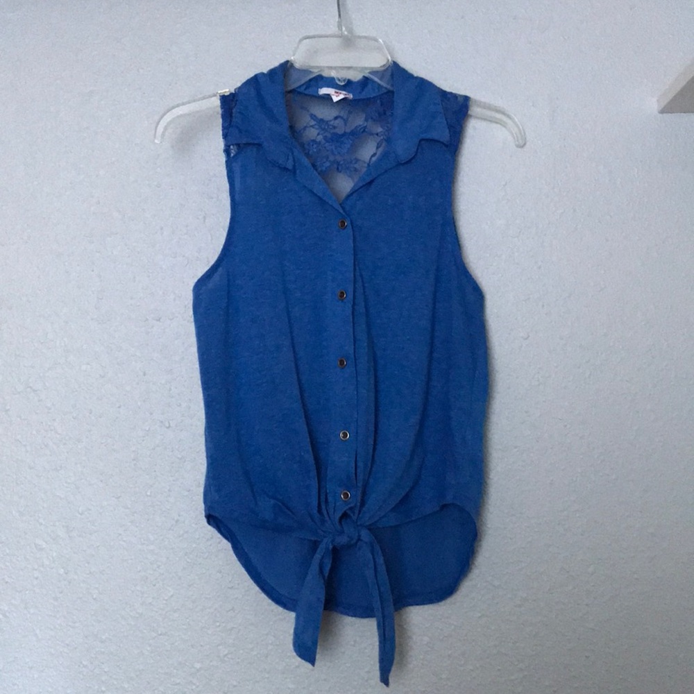 Blue Button Up Tank Top with Lace Detail